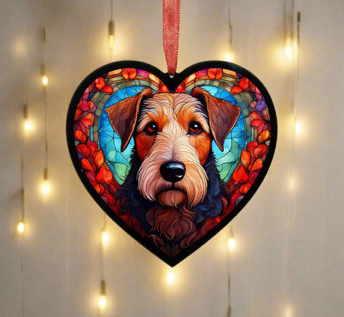 Airedale Terrier Stained Glass Effect Heart Suncatcher